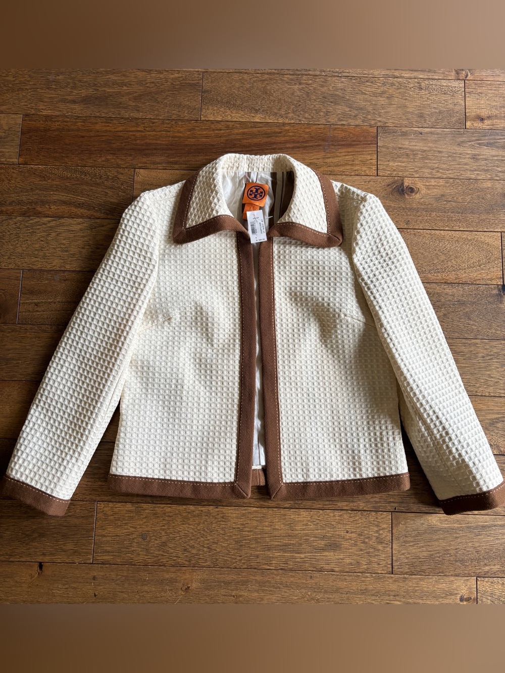 Tory Burch Textured Jacket Size 4 Cream Brown Trim Cotton Blend